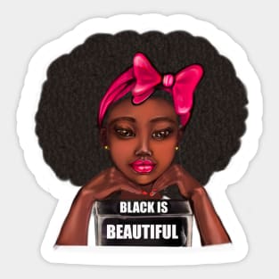 Black is beautiful girl with Afro hair and pink bow, brown eyes, thick lips and dark brown skin Sticker